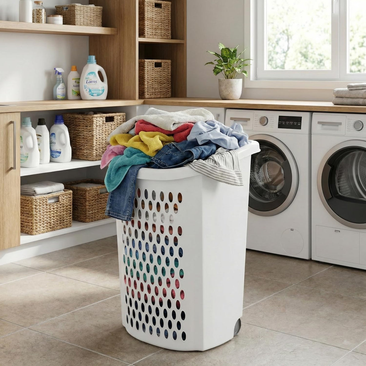 White Wheeled Plastic Laundry Hamper 75L – Adult-Sized Rolling Basket With Handles For Home & Dorms