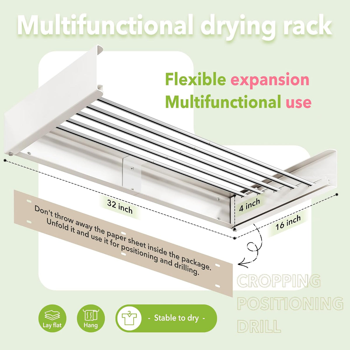 ZdwCyl Wall Mounted Drying Rack,32 inches,Foldbale, Clothes Drying Rack,Laundry Drying Rack Wall Mount,Drying Rack Clothing Space Saver,Retractable,Collapsible,Folding Laundry Rack,White