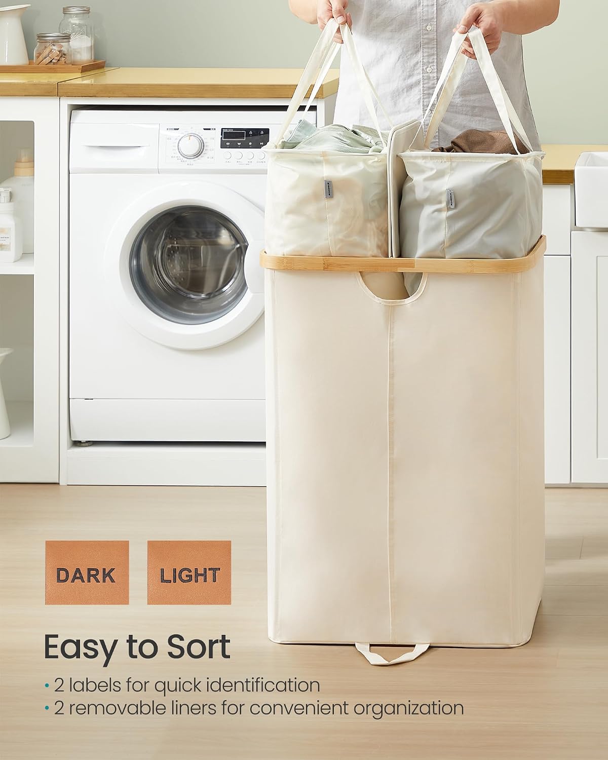 SONGMICS Laundry Hamper with 2 Lids, 150L Laundry Basket，2 Compartments