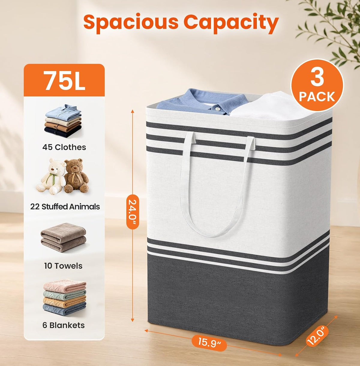 TranquilRelax 3-Pack Laundry Basket, Laundry Hamper, Grey-75L
