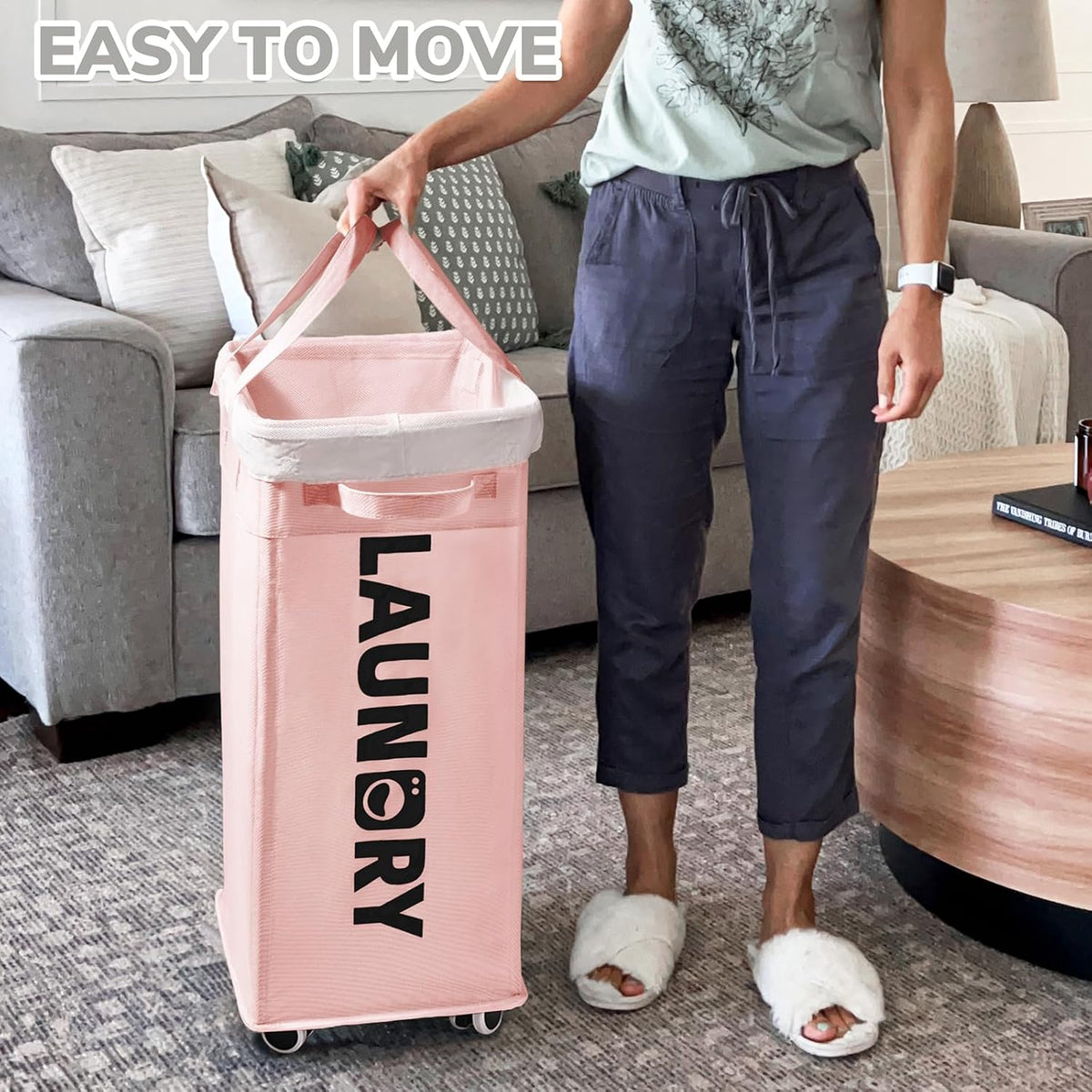 CHICVITA 75L Rolling Laundry Basket with Wheels Removable Wash Bag, Pink