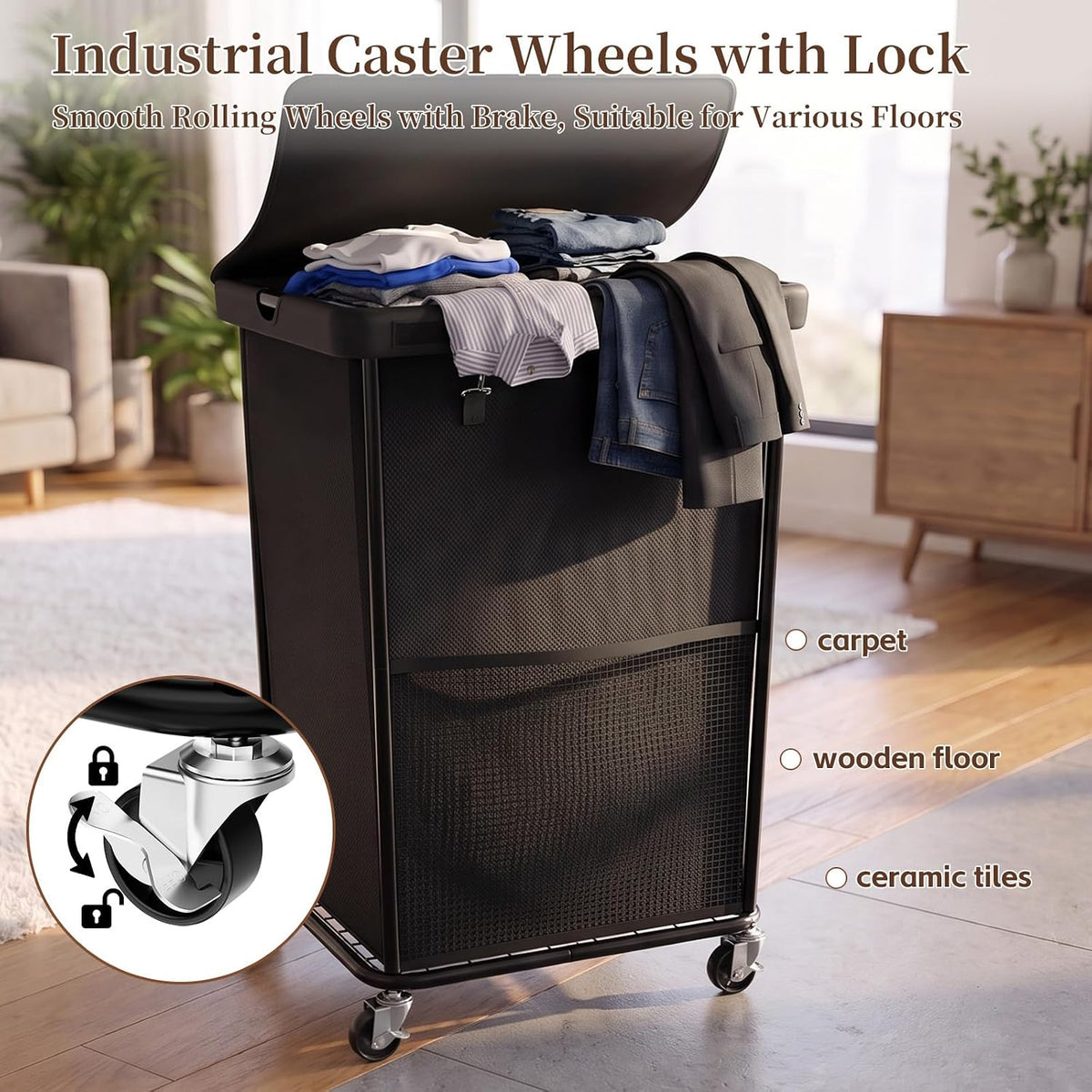 Laundry Hamper with Wheels and Lid, 150L Large Rolling Laundry Basket Black
