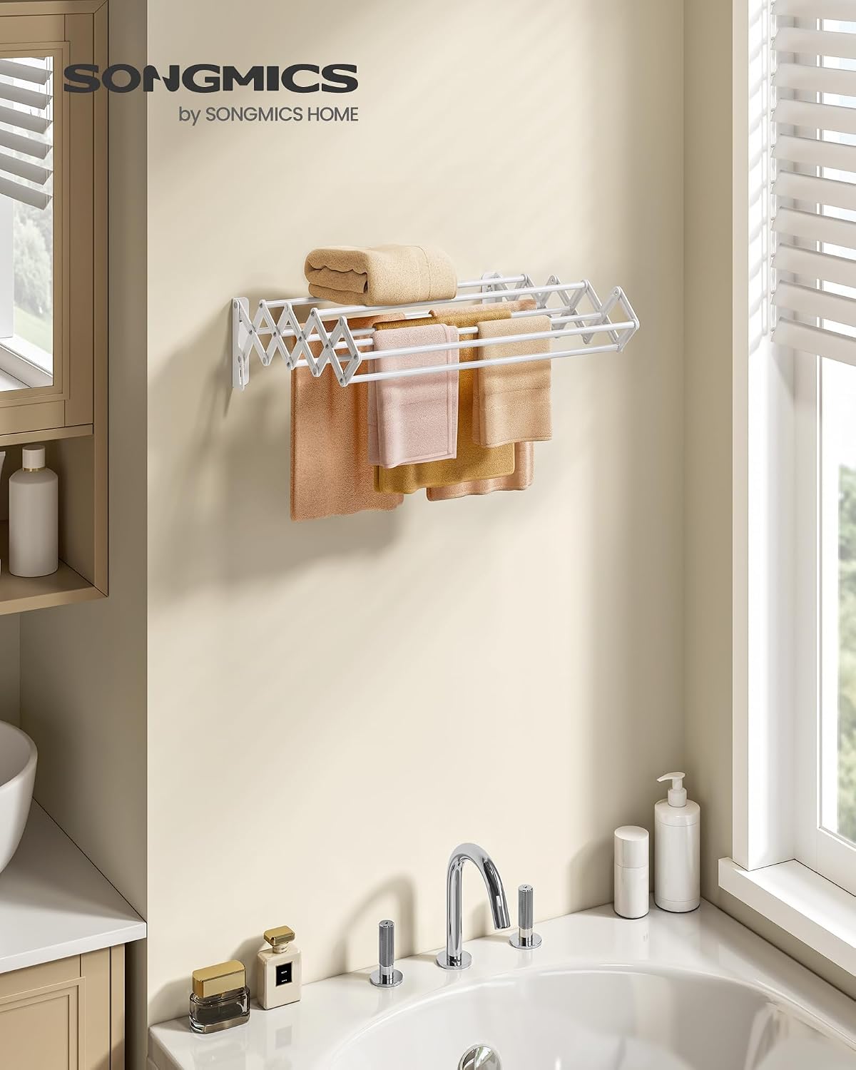SONGMICS Clothes Drying Rack, Wall-Mounted, 9 Staggered Hanging Rods