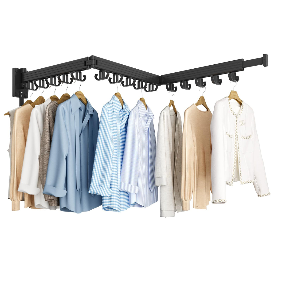 Kelisiting Clothes Drying Rack, Wall Mounted Laundry Drying Rack, Upgrade 3-Fold Foldable Collapsible Retractable Clothing Drying Rack with 12 Dual Hooks Organization for Laundry Room Indoor- Black