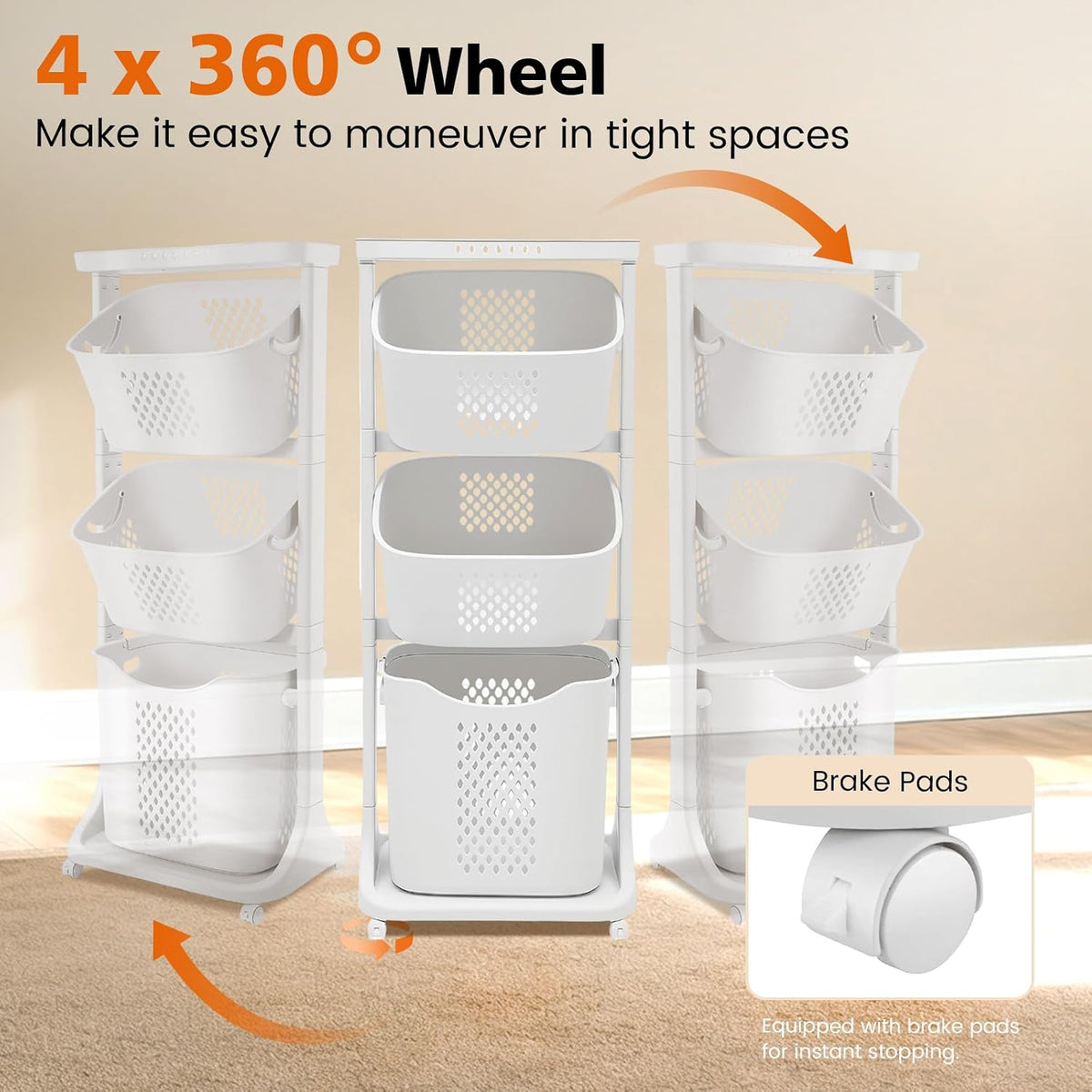 BAOKALER Rolling Laundry Hamper Cart with Wheels, 3 Tier Laundry Baskets