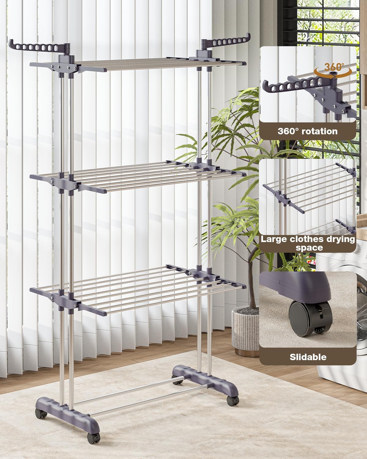 Bigzzia Clothes Drying Rack Folding with Wheels Laundry Rack 4 Tier