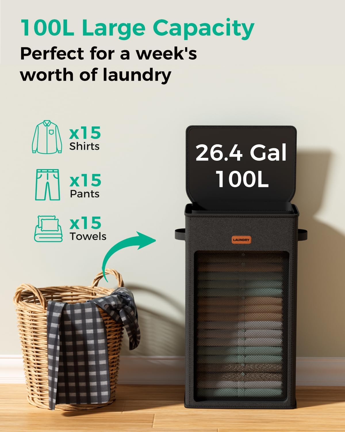 100L Large Capacity Laundry Hamper, Collapsible Laundry Basket Space-Saving, Clothes Hamper with Lid and Removable Bag for Bathroom Bedroom Laundry Room Dorm
