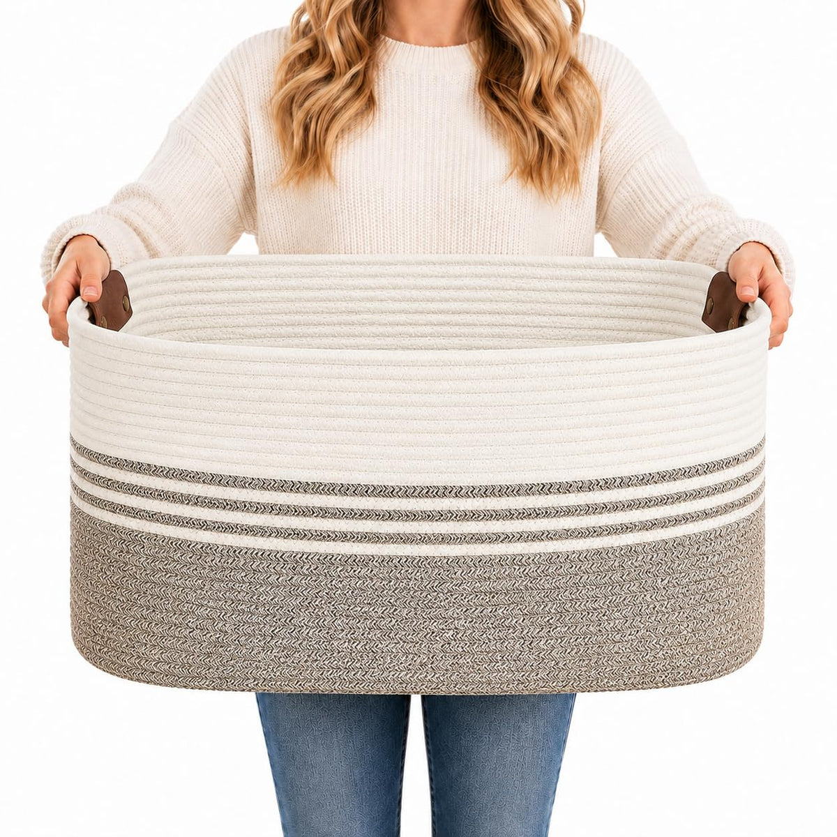 Large Laundry Hamper Basket, 85L Cotton Rope Woven Storage Bin for Blankets, Dirty Clothes Toys, Decorative Tall Basket with Leather Handles for Living Room, Bedroom, Bathroom, Nursery, Jute