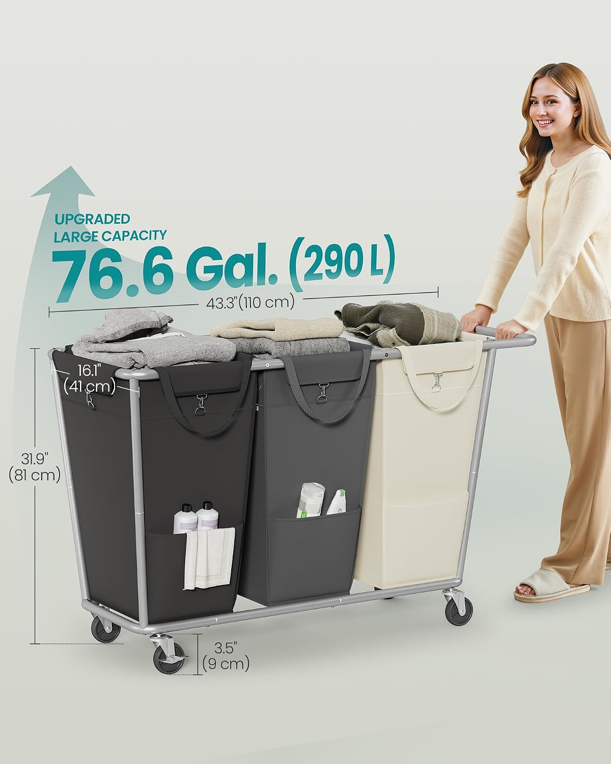 SONGMICS 3-Section Laundry Basket with Wheels, 76.6 Gallons (290 L) Hamper