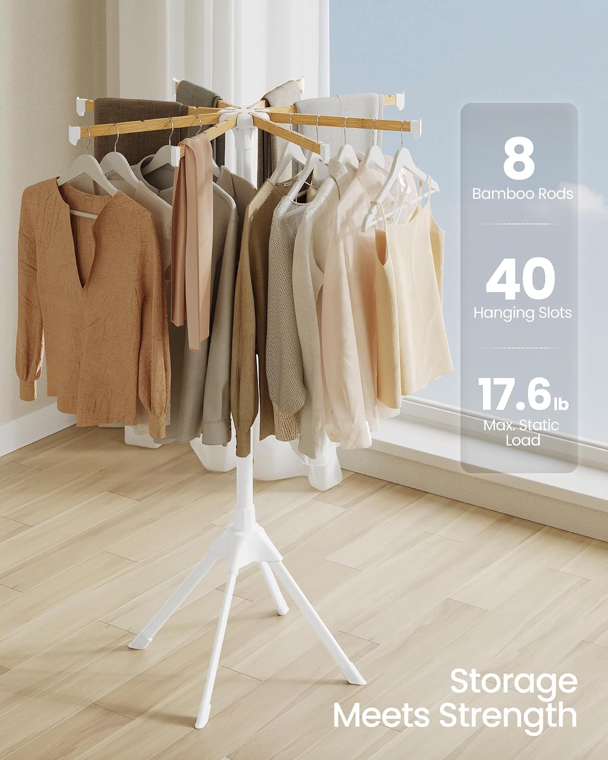 SONGMICS Clothes Drying Rack, Foldable Metal Airer, Bamboo Hanging Rods