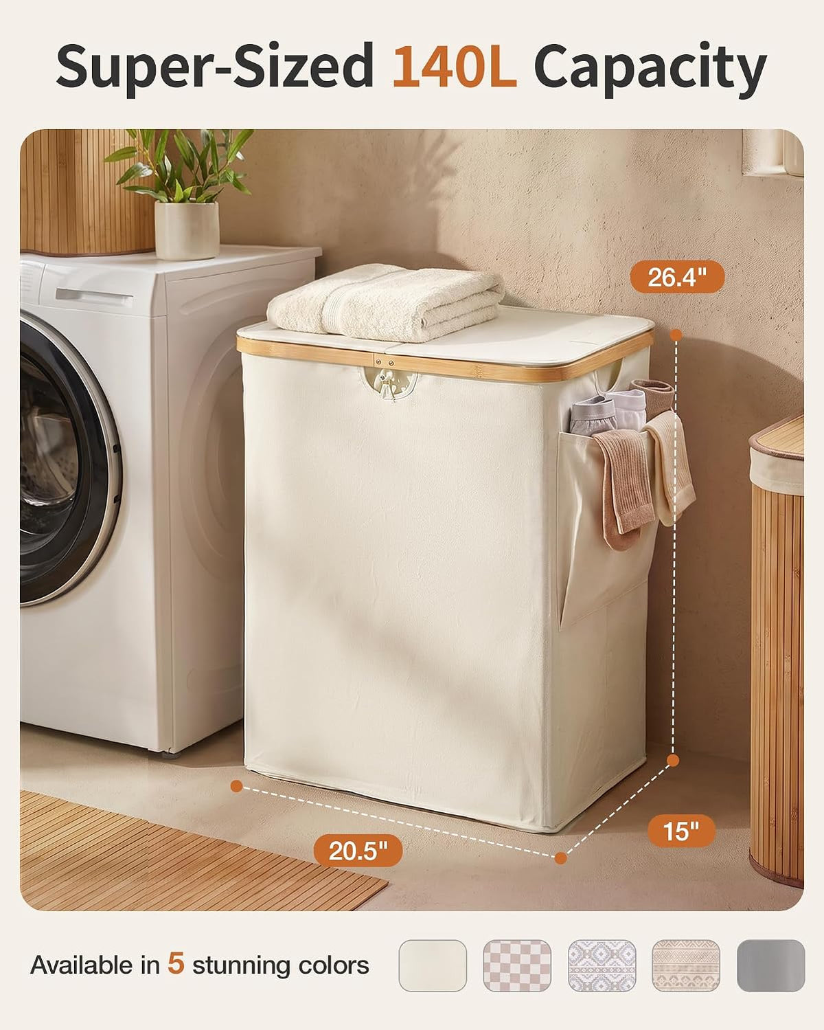 MIZATTO 140L Laundry Hamper with Lid, 2 Section Dirty Laundry Bin