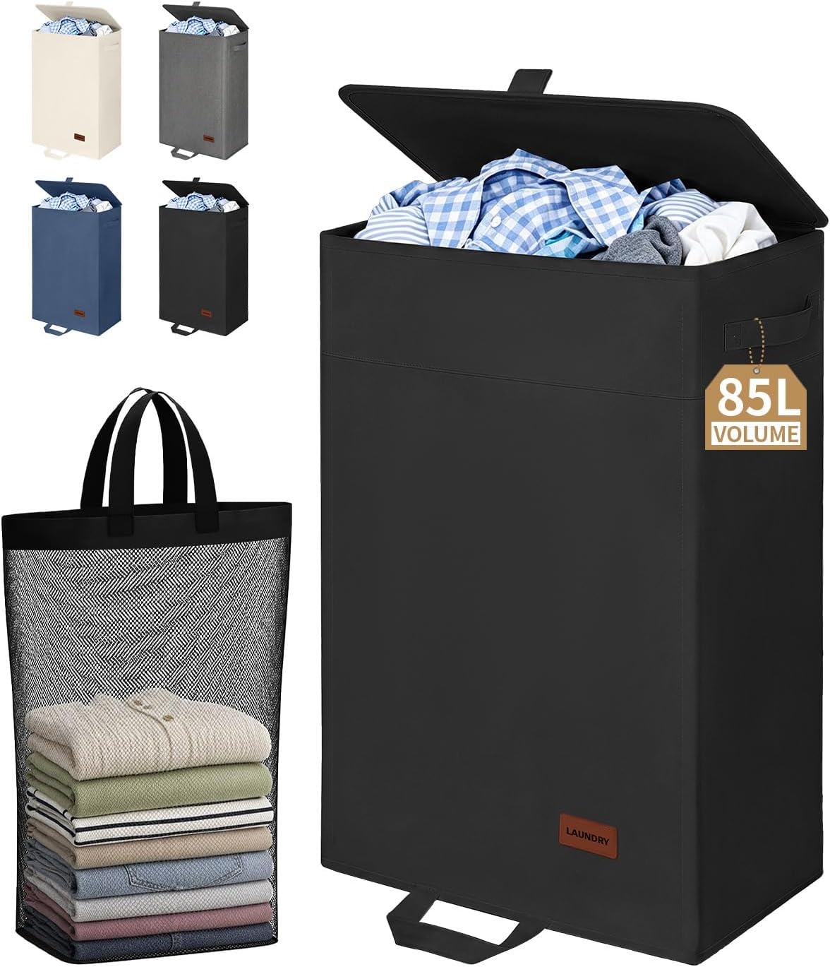 85L Laundry Hamper with Lid, Large Clothes Hamper, Black