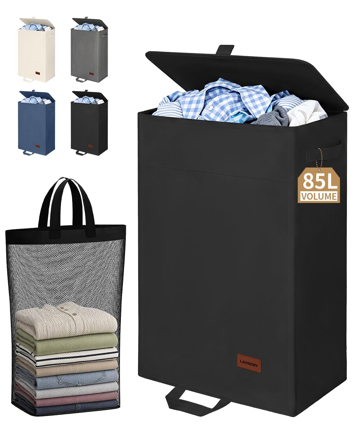 85L Laundry Hamper with Lid, Large Clothes Hamper, Black