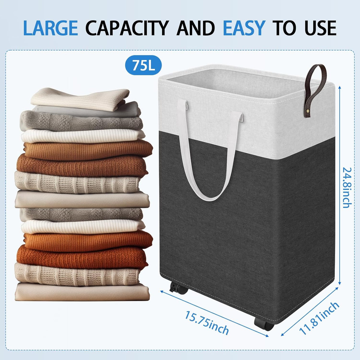 HomeHacks 75L Rolling Laundry Basket with 4 Wheels Collapsible Gray
