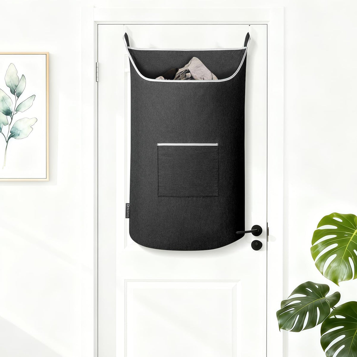 SAVERHO Black Hanging Laundry Hamper Bag, XL Door Hanging Hamper with Large Opening Laundry Hamper Storage Bag Large Size 36X22 Inch (Black)