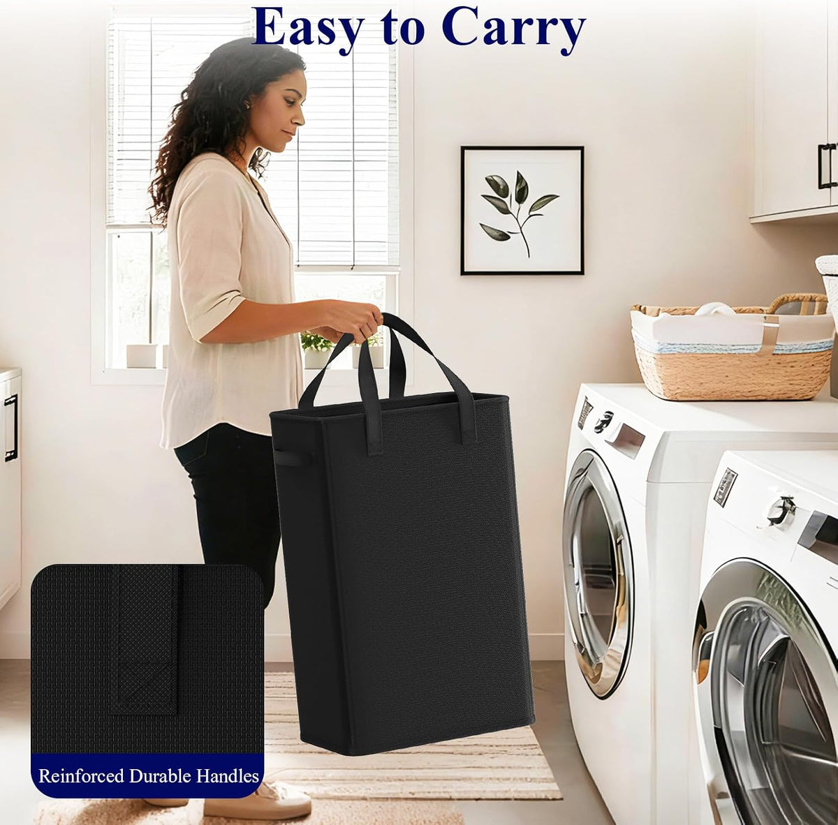 Optish 50L Slim Laundry Hamper, Small Laundry Basket With Handles, Black Narrow Laundry Basket for Dorm, Bedroom, Living Room, Collapsible Laundry Hamper