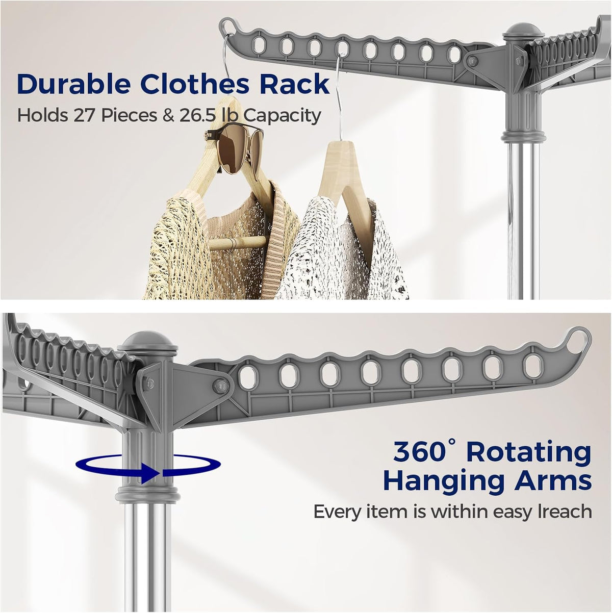 KINGBOARD Clothes Drying Rack, 59" H Laundry Drying Rack, 3 Rotatable Arms