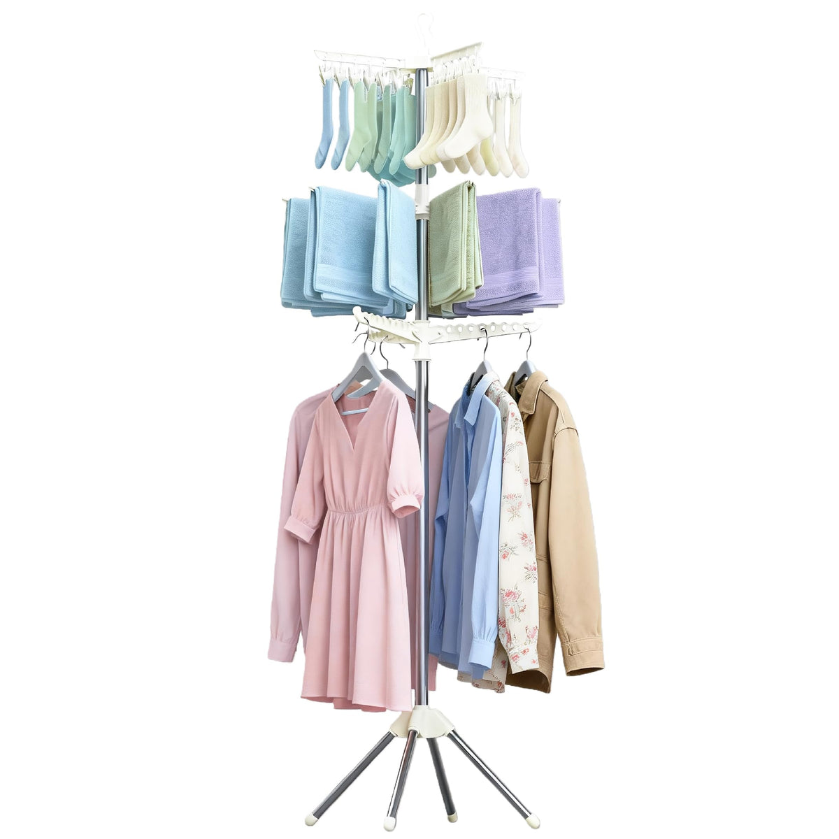 Beaudaily Clothes Drying Rack, Foldable Laundry Drying Rack, Indoor 59-Inch Drying Rack Clothing with 3 Rotatable Arms, Stainless Steel, Holds 27 Pieces, Space Saving, Portable, White and Silver