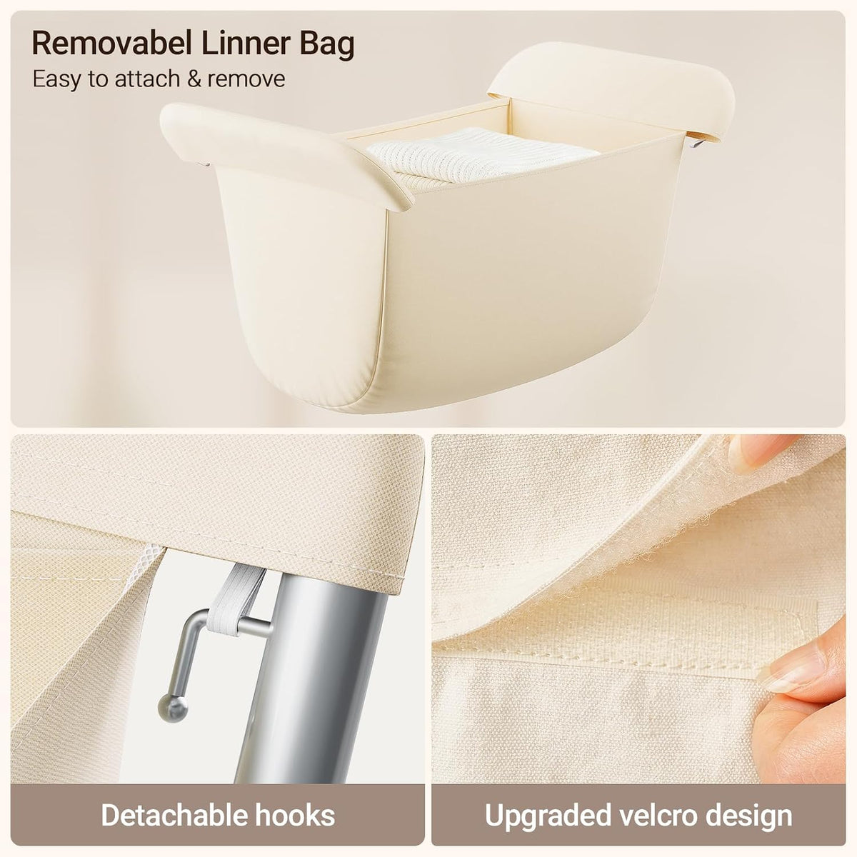 ELYKEN Laundry Basket with Wheels, Collapsible Laundry Hamper, Cream