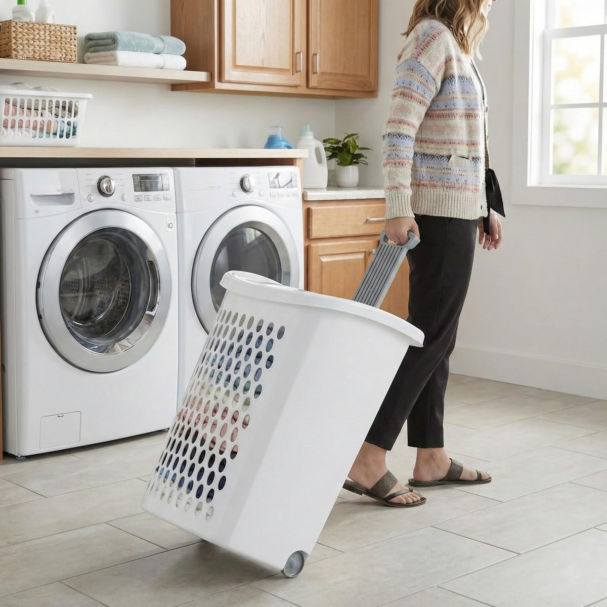 White Wheeled Plastic Laundry Hamper 75L – Adult-Sized Rolling Basket With Handles For Home & Dorms