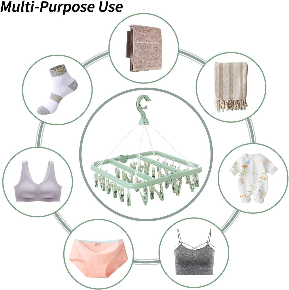 Laundry Drying Rack with 32 Clips, Foldable, Light Green