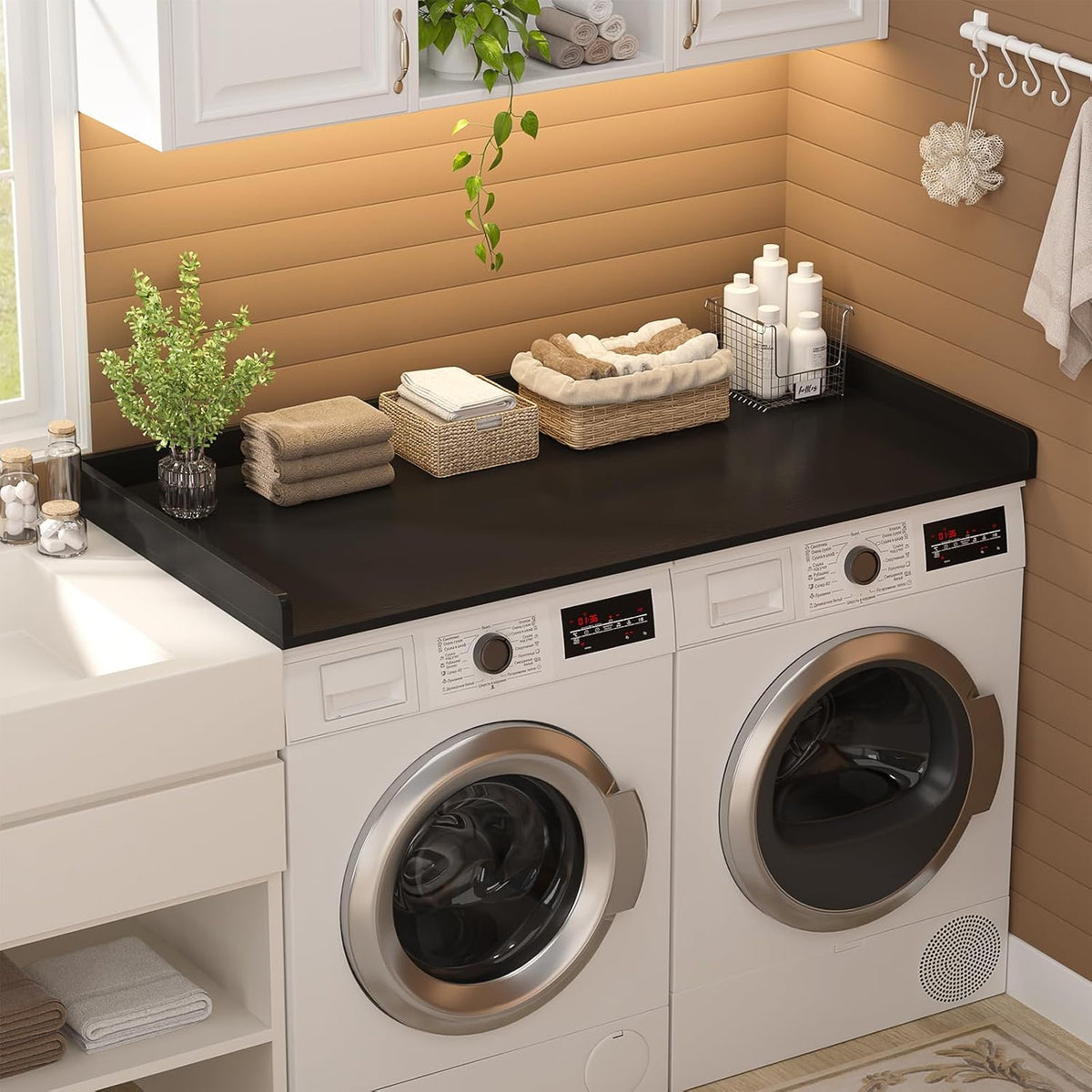 Aheaplus Washer and Dryer Countertop, Laundry Room Organization, Black