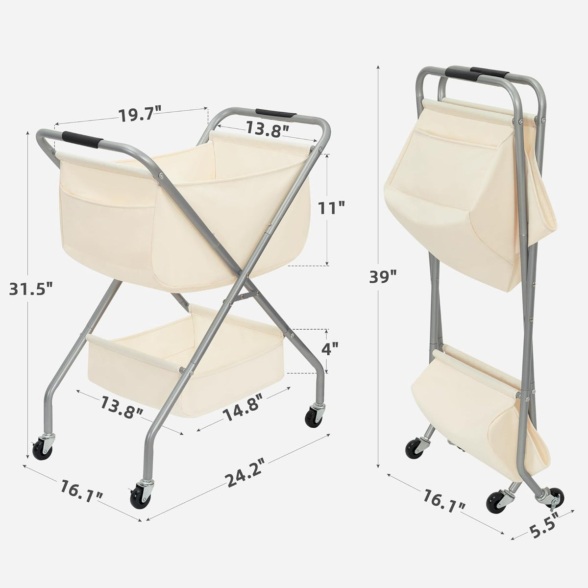 STORAGE MANIAC Collapsible Laundry Cart with Wheels 31.5"H Rolling Laundry Hamper Clothes Basket with Wheels, Canvas Liner Sturdy Steel Frame Folding for Small Narrow Space Easy Storage, Beige