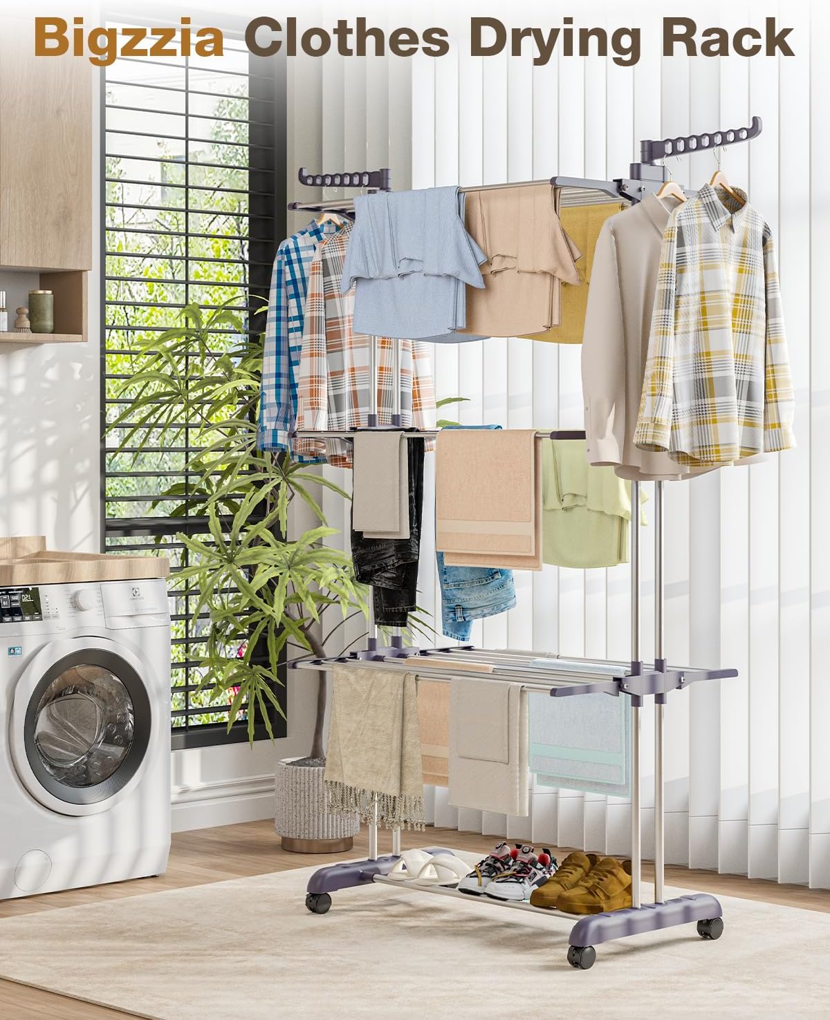 Bigzzia Clothes Drying Rack Folding with Wheels Laundry Rack 4 Tier