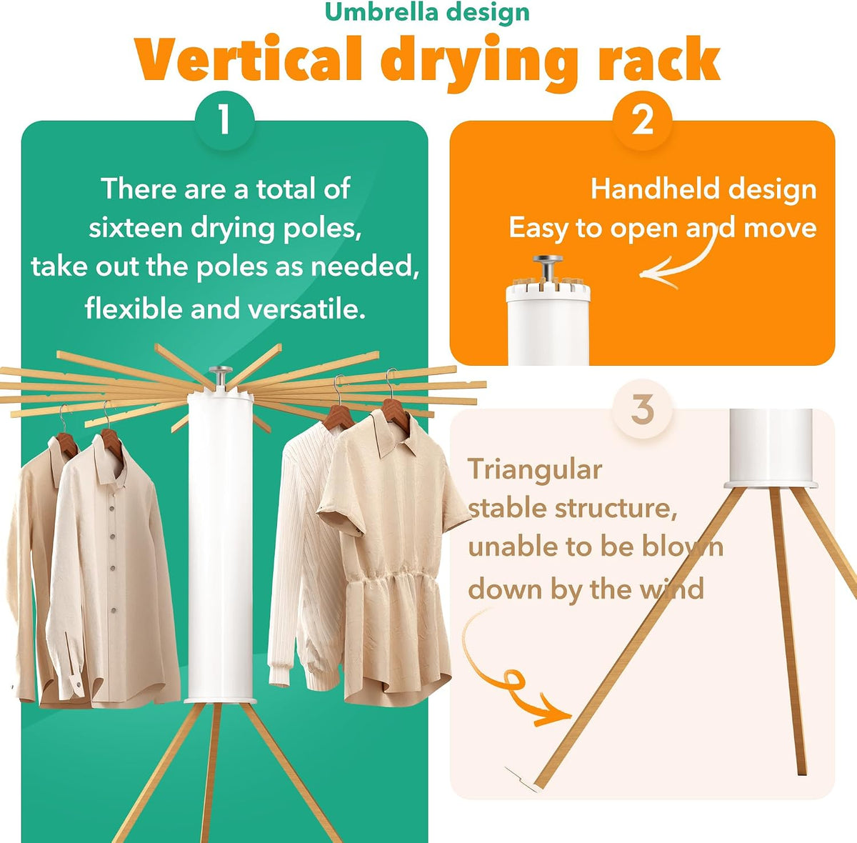 Heavy-Duty Wooden Tripod Clothes Drying Rack, 16 Rods, Large Capacity, 360° Airflow Umbrella Dryer, Foldable Space-Saving Floor Stand for Indoor Outdoor Use