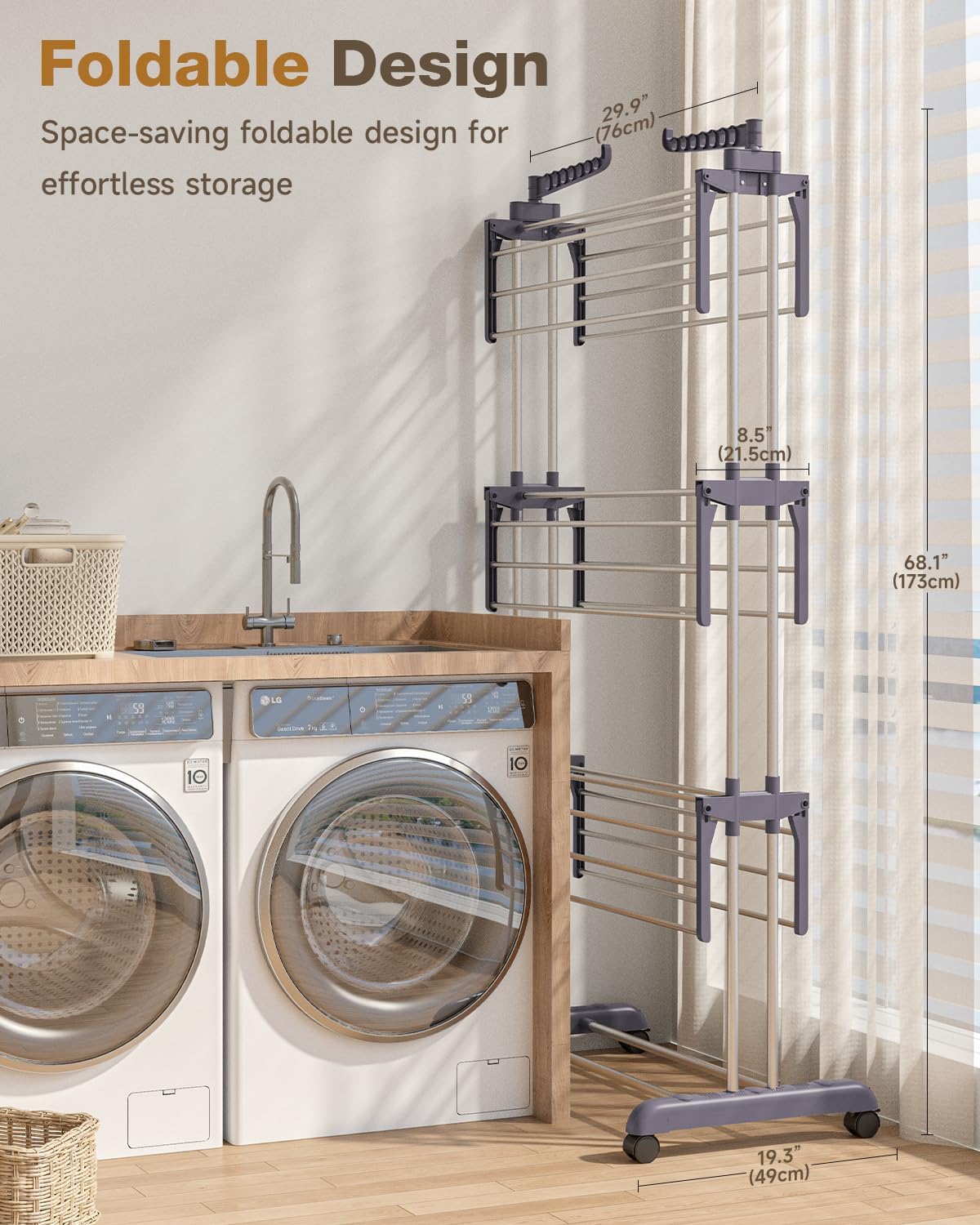 Bigzzia Clothes Drying Rack Folding with Wheels Laundry Rack 4 Tier