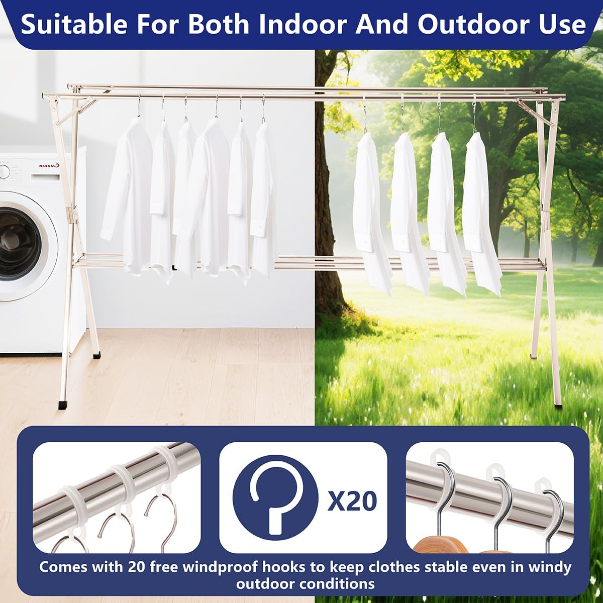 95 inches Foldable Clothes Drying Rack, Stainless Steel Indoor Outdoor Use