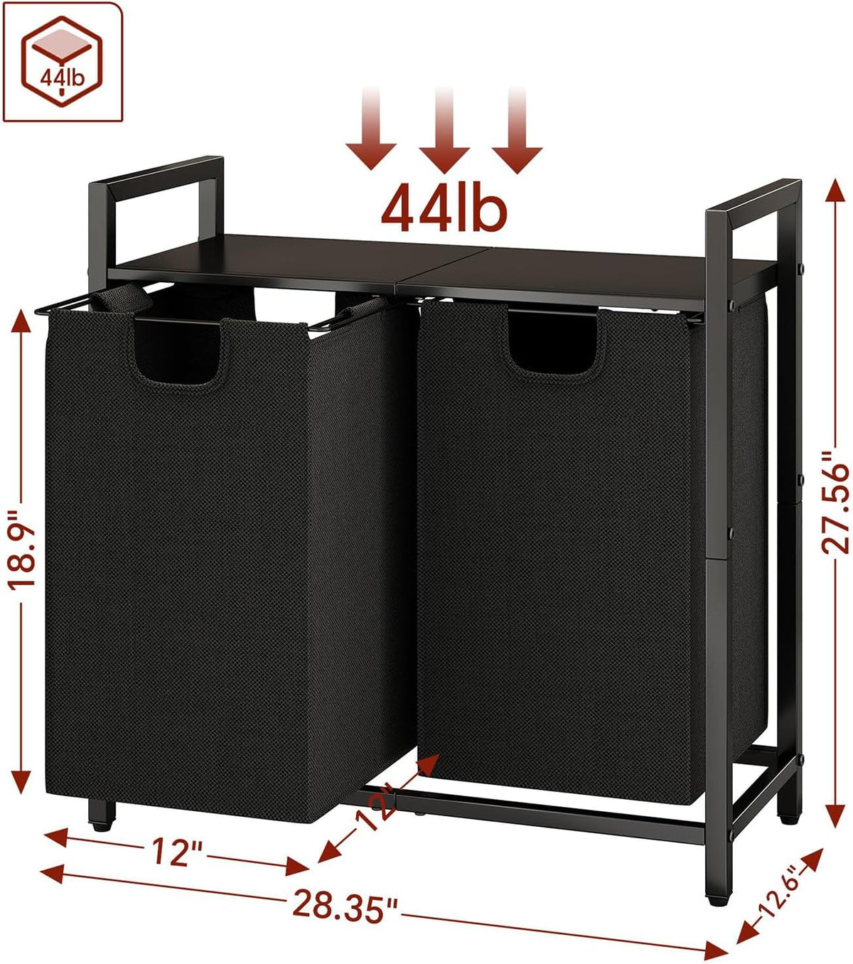 Kitstorack Laundry Basket Organizer, Laundry Hamper with Shelf & 2 Pull-Out Removable Bags, Dirty Clothes Hamper Organizer for Laundry Room Bathroom and Dorm, 2 x 11.8 gallons (44.5L)