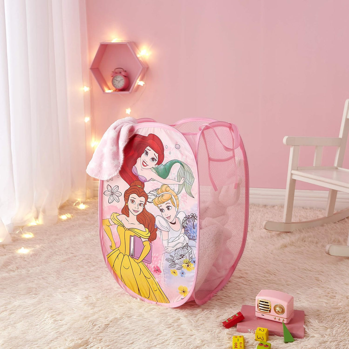 Disney Princess Pop-Up Laundry Hamper for Kids,Collapsible Mesh Storage Basket with Handles, Foldable Toy & Clothes Organizer, Pink Princess Design