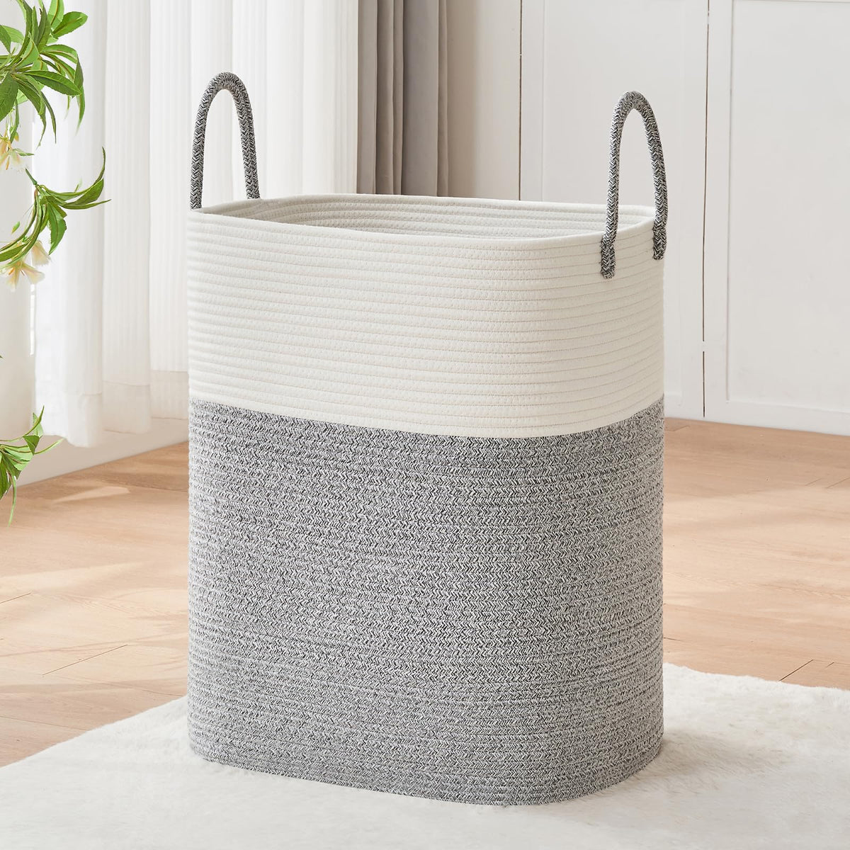 Large Laundry Hamper Basket, 85L Cotton Rope Woven Storage Bin for Blankets, Dirty Clothes Toys, Decorative Tall Basket with Leather Handles for Living Room, Bedroom, Bathroom, Nursery, Jute