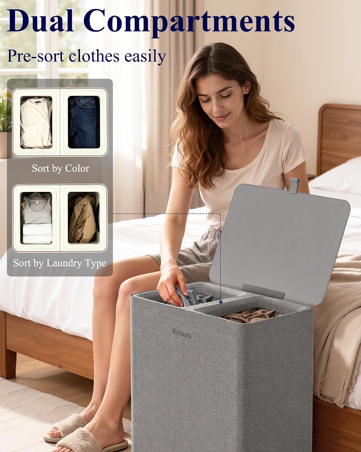 Kitsure Laundry Hamper with Lid 160L, 2-Compartment Sorter, Removable Bags