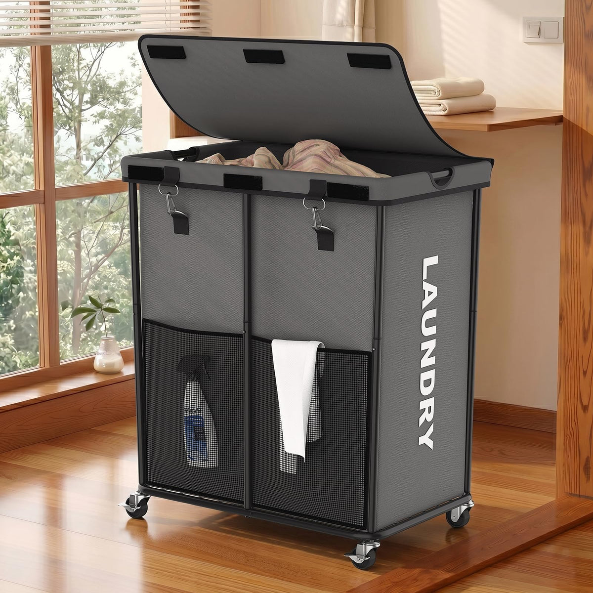 Laundry Hamper with Wheels and Lid, 150L Large Rolling Laundry Basket Black