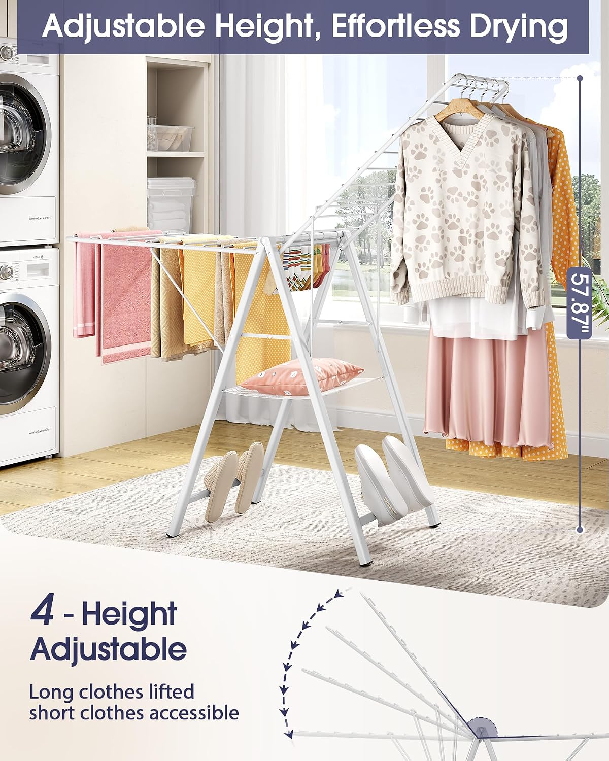 APEXCHASER Clothes Drying Rack, 67.7" L Height Adjustable, Foldable, White