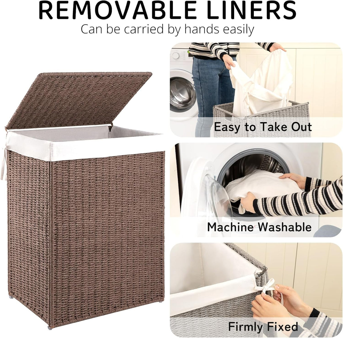 OIAHOMY Laundry Hamper with Lid, 90L(23.8 Gal) Large Wicker Laundry Basket for Bedroom, Handwoven Paper Rope Clothes Hamper with Washable Liner & Metal Frame, Decorative Organizer for Bathroom Brown