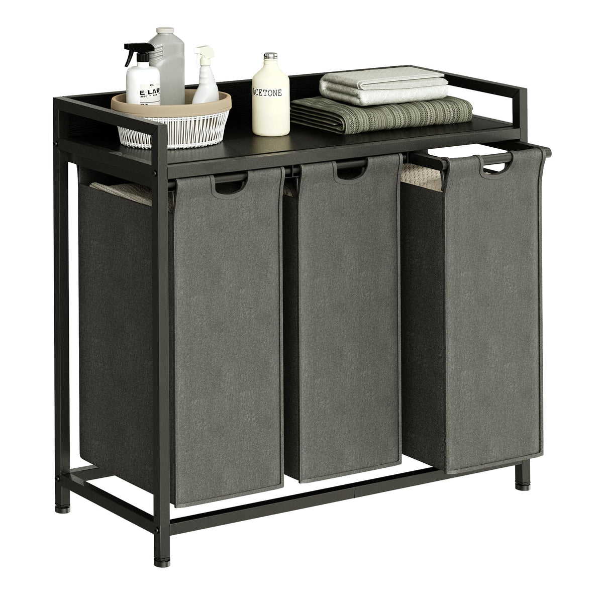 Herture Laundry Hamper with Shelf, Laundry Basket 4 Section, Laundry Sorter with Pull-Out Removable Large 4 Color Bags and Movable Wheels, Metal Frame, 4 x 15.87 Gallons (60L), Rustic Brown PF07XLN
