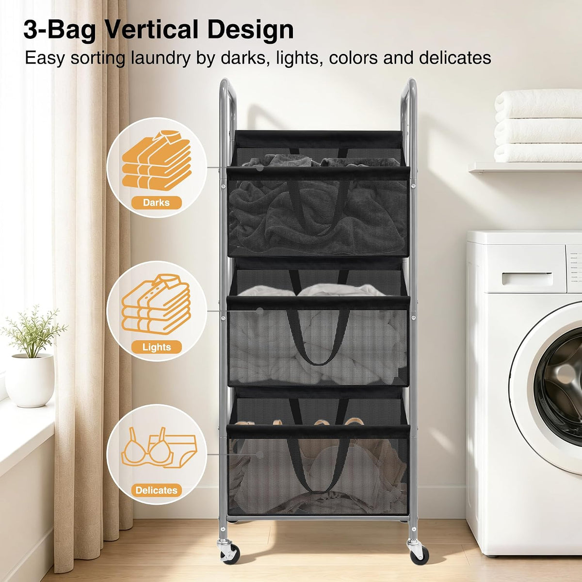 STO STO 3-Tier Vertical Rolling Laundry Hamper, Removable Bags, Black Mesh