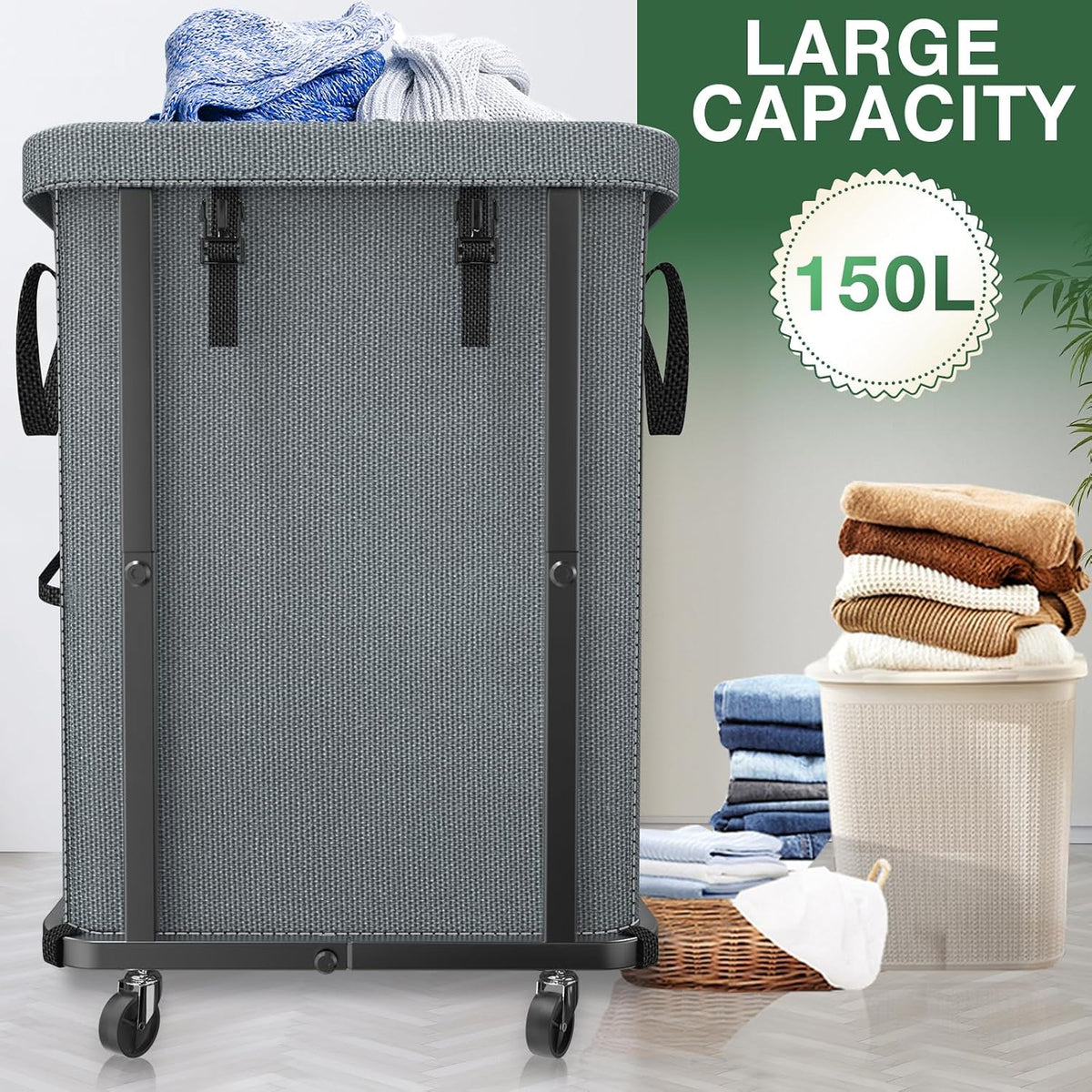 Laundry Hamper with Lid,150L Rolling Laundry Basket with Wheels,Grey