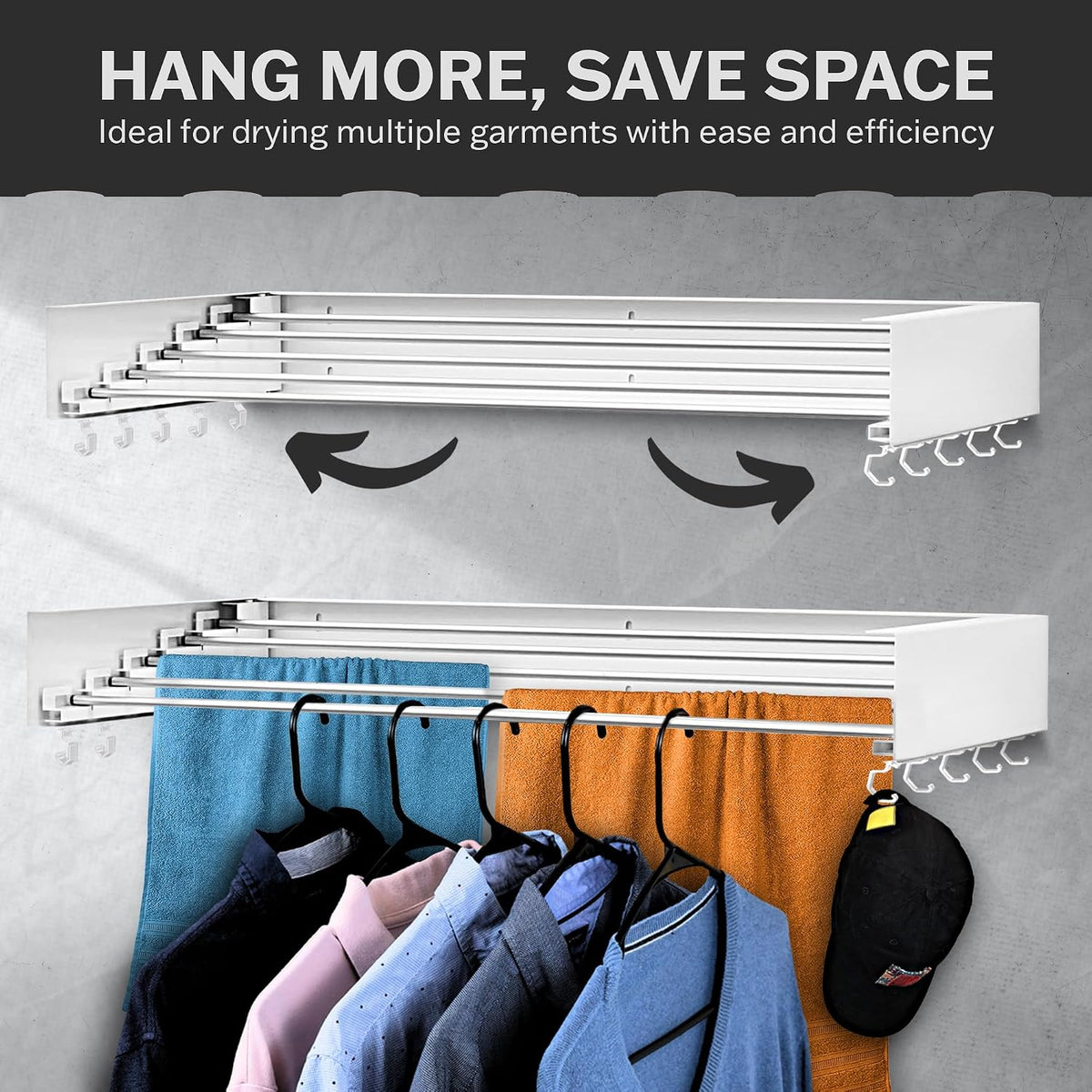 Foldable Wall Mounted Drying Rack - 31.5” Wide, 13.2 Ft Drying Space, 5 Aluminum Rods, Supports Up to 60 lbs - Retractable & Foldable Space-Saving Wall Mounted Clothes Drying Rack (White)