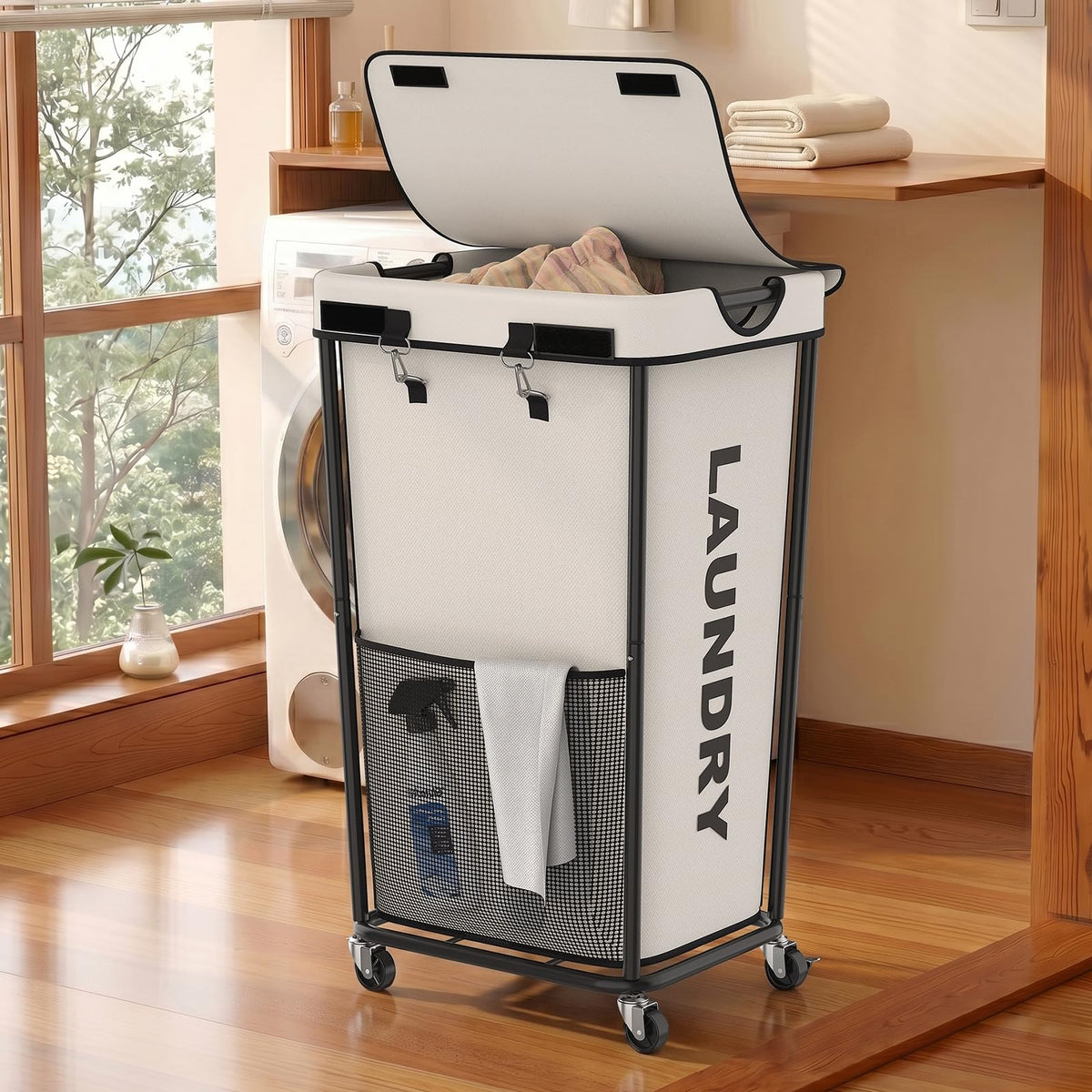 Laundry Hamper with Wheels and Lid, 150L Large Rolling Laundry Basket Black