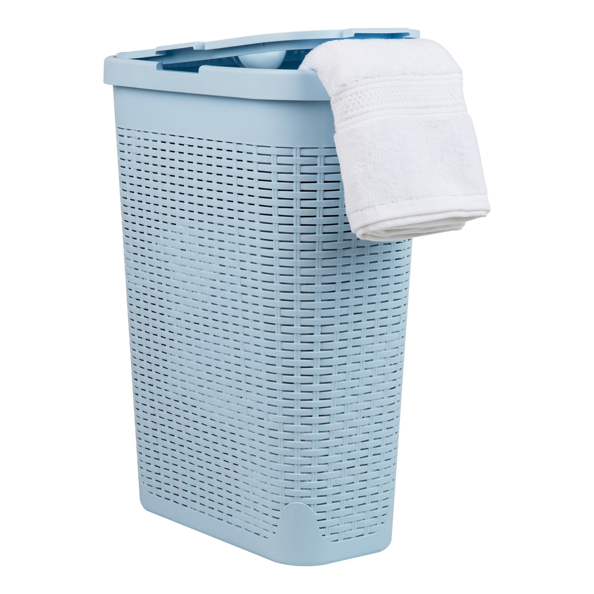 Mind Reader Slim Laundry Hamper with Lid, 40L Clothes Basket, Narrow Tapered Design with Ventilated Cutout Pattern, Plastic, White