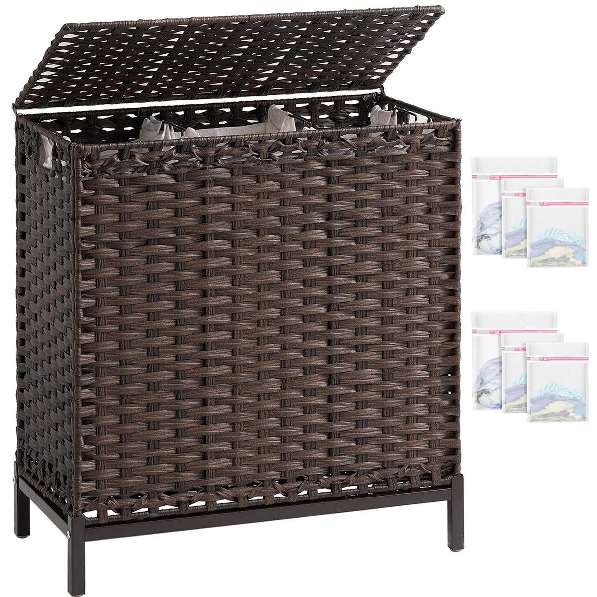SETVSON Laundry Hamper with Lid, 112 L Handwoven Rattan Wicker Laundry Basket, 2 Removable Liner Bags Metal Heightened Feet, 6 Mesh Bags, 2 Section Large Clothes Hamper for Bathroom Bedroom, Natural