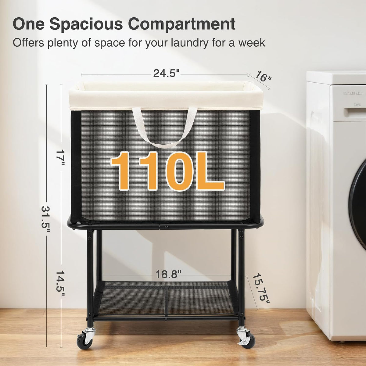 STO STO Rolling Laundry Hamper with Lockable Wheels, 29-Gallon (110L) Laundry Cart with Removable Canvas Bag, 2-Tier Clothes Basket Hamper with Shelf for Closet, Bedroom, Bathroom, Laundry Room, Beige