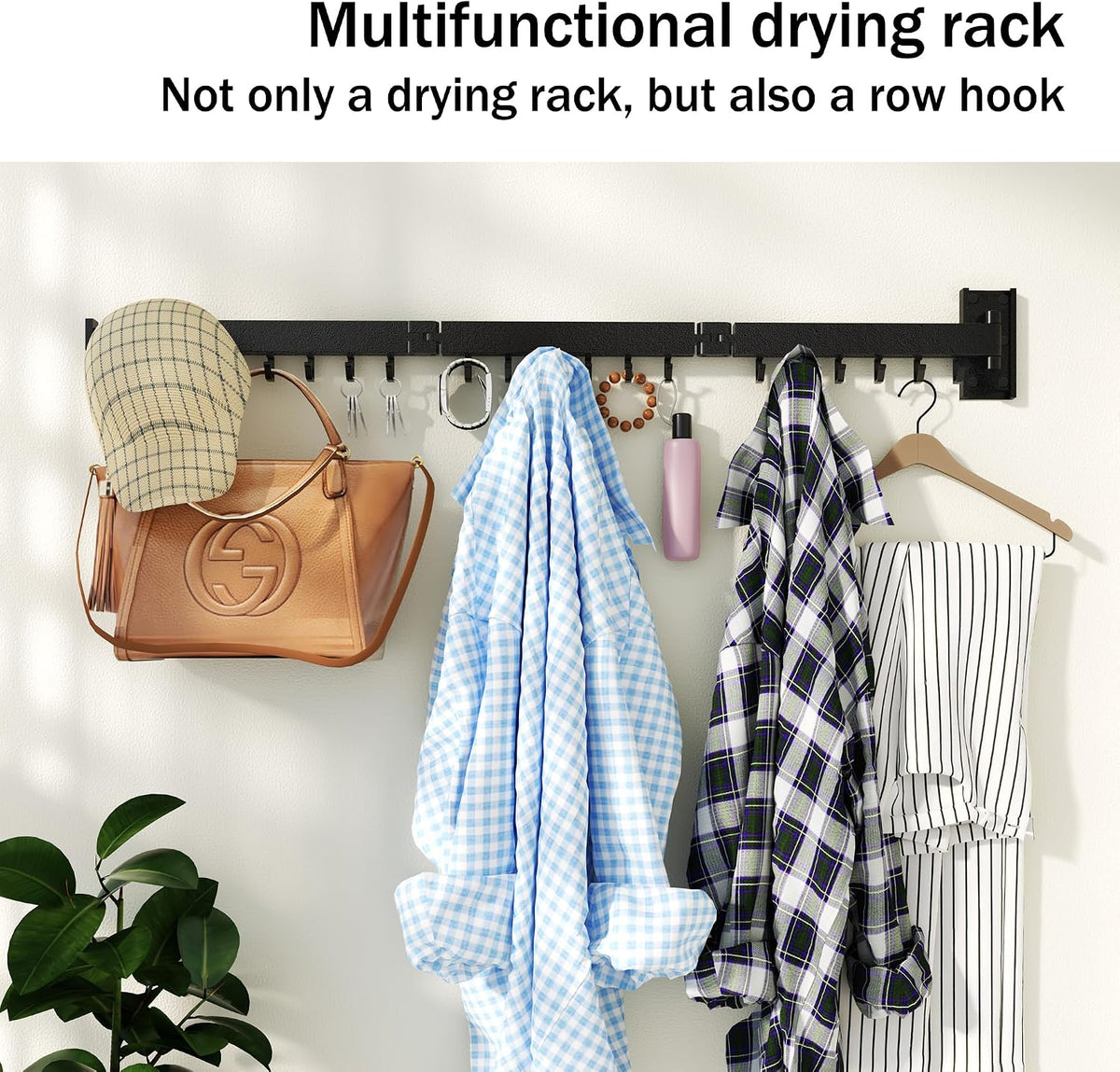 HEILAIYI Clothes Drying Rack for Laundry,Wall Mounted Clothes Hanger Rack,Folding,Retractable,Collapsible(J Shape Hooks)