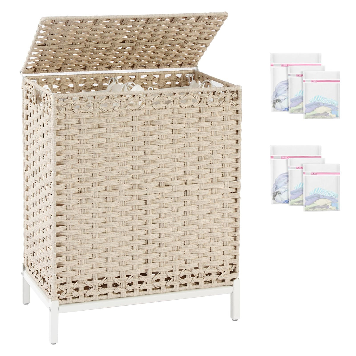 SETVSON Laundry Hamper with Lid, 112 L Handwoven Rattan Wicker Laundry Basket, 2 Removable Liner Bags Metal Heightened Feet, 6 Mesh Bags, 2 Section Large Clothes Hamper for Bathroom Bedroom, Natural