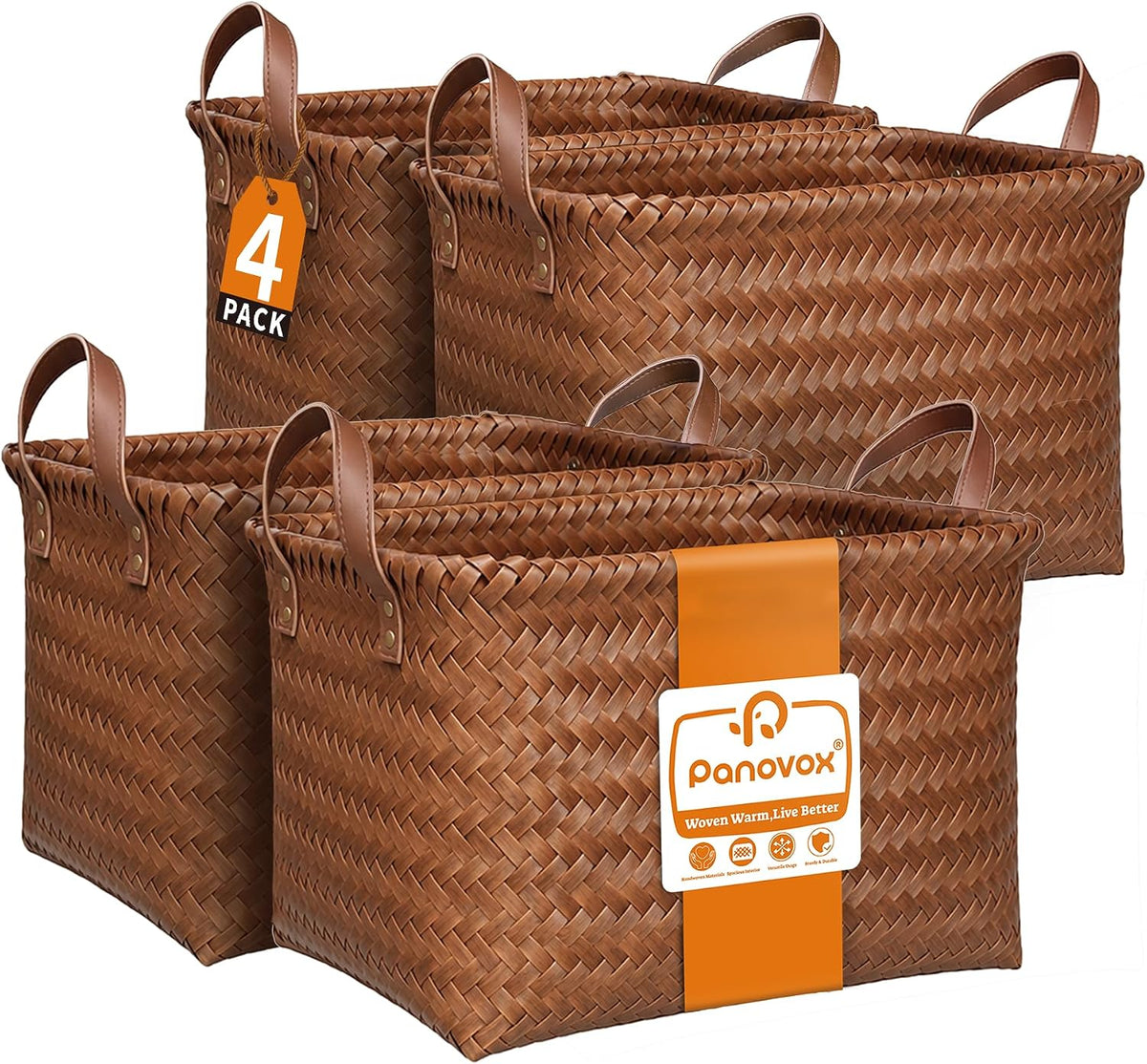 Wicker Storage Baskets, 4 Pack Woven Baskets for Shelves, Brown