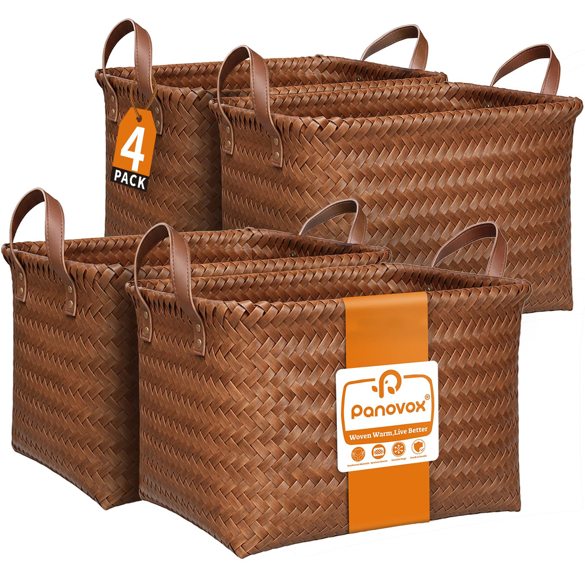 Wicker Storage Baskets, 4 Pack Woven Baskets for Shelves, Brown